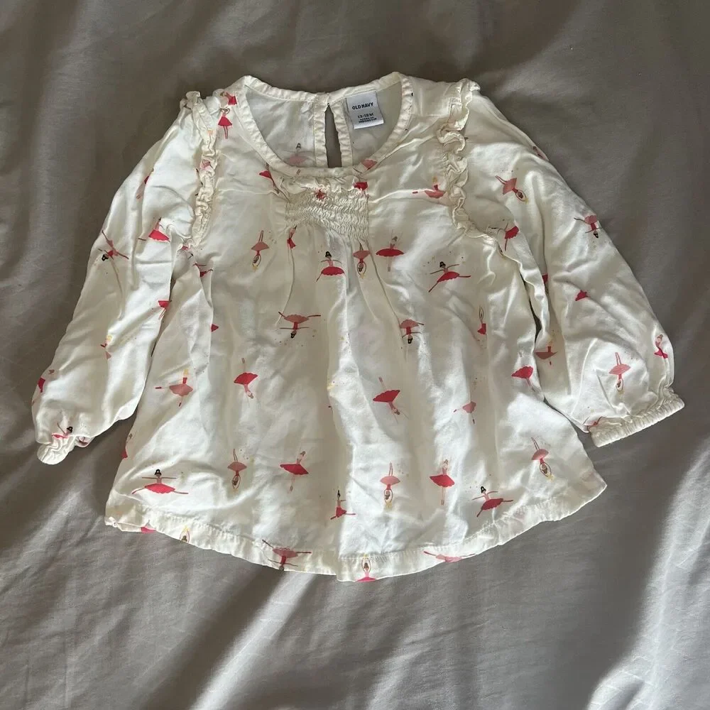 Old Navy Baby Girl Tunic 12-18M Ivory Red Long Sleeve Lightweight